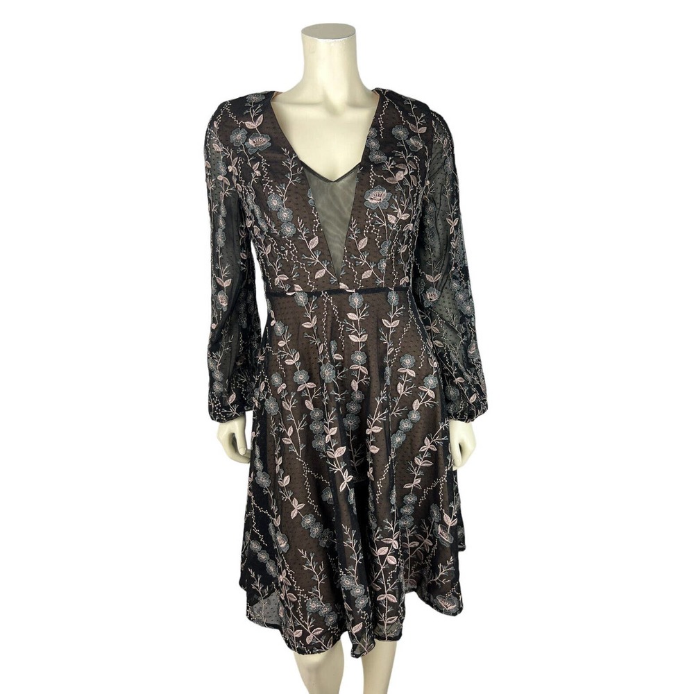 NEW Dress the Population Floral Embroidered Dress S Mesh Sabrina Black Cocktail - Picture 1 of 12